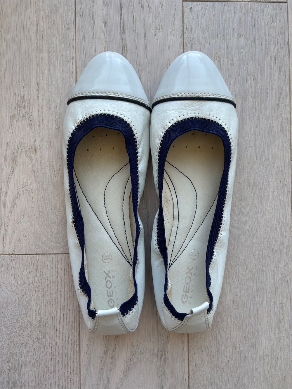 Geox Respira White and Navy Ballerina Flats